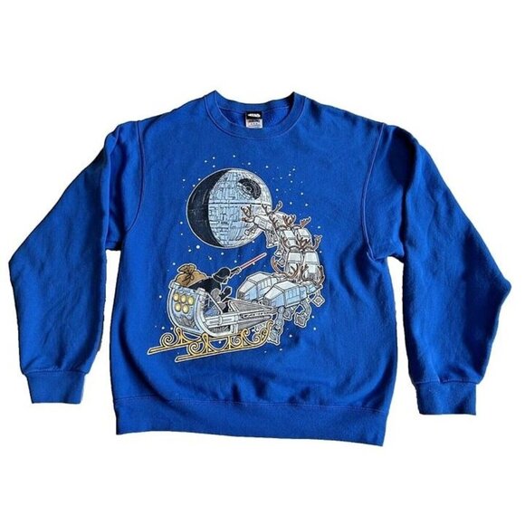 M Disney Star Wars Darth Vader AT-AT Reindeer Xmas Sleigh DeathStar Blue Sweater - Picture 1 of 5